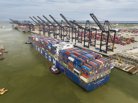 With the support of the Houston Pilots, the 11,356 TEU CMA CGM Cassiopeia arrived at Port Houston's Bayport Container Terminal on September 24. Over two days, 7,327 moves were completed—nearly 31 moves per hour. This significant milestone is expected to lead to 15,000 TEU vessel calls at Port Houston later this year. (Photo: Business Wire)