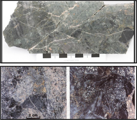 Figure 4: Comparison of West Goodspeed to Island Copper Mineralization. Upper: GS24-12 HQ Core 318.5-318.65m grading 0.196 g/t Au and 0.13% Cu.
Lower: Examples of marginal (milled) breccia at Island Copper, from Parello et al., 1996. (Graphic: Business Wire)