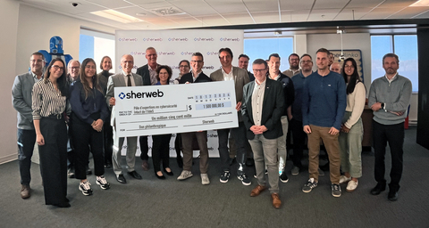 Sherweb Co-CEOs Matthew and Peter Cassar present a cheque to representatives from the University of Sherbrooke's Cybersecurity program at an event held at the Sherweb headquarters.