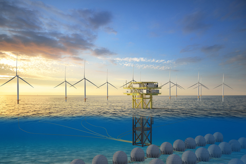 Artistic rendering of an SPSH storage park, connected to a substation and floating offshore wind farm. (Photo: Business Wire)