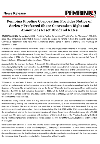 Pembina Pipeline Corporation Provides Notice of Series 7 Preferred Share Conversion Right and Announces Reset Dividend Rates