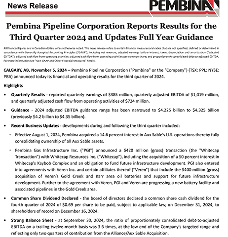 Pembina Pipeline Corporation Reports Results for the Third Quarter 2024 and Updates Full Year Guidance