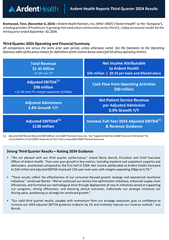 PDF file of Ardent Health Q3 2024 earnings press release.