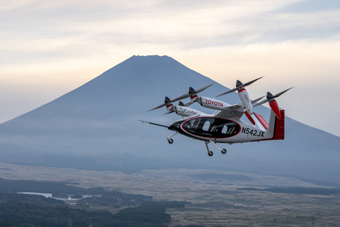 A Joby production prototype electric air taxi flying in front of Mount Fuji in Shizuoka, Japan. Photo: Joby Aviation