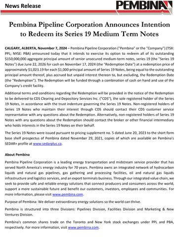 Pembina Pipeline Corporation Announces Intention to Redeem its Series 19 Medium Term Notes