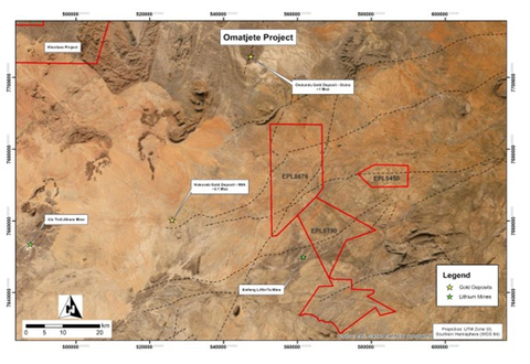 Figure 1: Overview of the Omatjete project area highlighting the nearby gold and lithium deposits (Graphic: Business Wire)