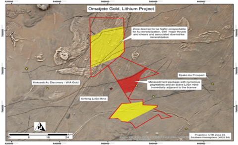 Figure 2: Map of the Omatjete project showing the gold and lithium focus areas with interpreted regional shear/fault zones (dashed lines) (Graphic: Business Wire)