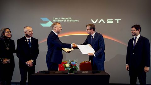 Signing of MOU (from left to right) Indira Feustel; Andrew Feustel, Vast Astronaut Advisor; Max Haot, Vast CEO; Marin Kupka, Czech Minister of Transport; Vaclav Kobera, Czech Director of Space Activities. (Photo: Business Wire)