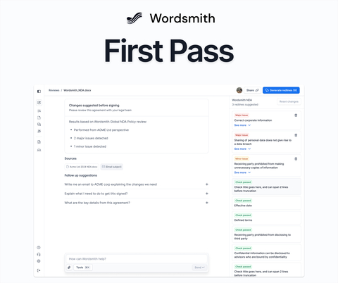 Wordsmith's First Pass lets you review contracts in minutes, not hours. (Graphic: Business Wire)