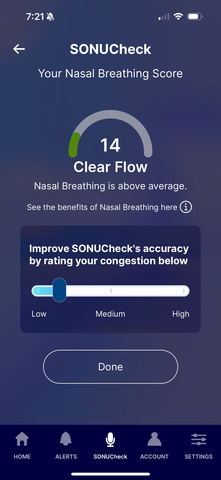 The SONU app leverages AI and machine learning to analyze and report a nasal breathing score, based on spectral properties and speech metrics of the recorded voice sample.(Graphic: Business Wire)