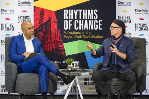 Mark Joseph and Mitchell Cohen engaged in a fireside chat during the Rhythms of Change book launch event at the World Urban Pavilion in Regent Park. (Photo: Business Wire)