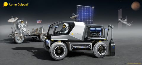 Artist concept of Lunar Outpost Eagle lunar terrain vehicle deploying a payload on the lunar surface alongside an Apollo-era lunar roving vehicle. (Graphic: Business Wire)