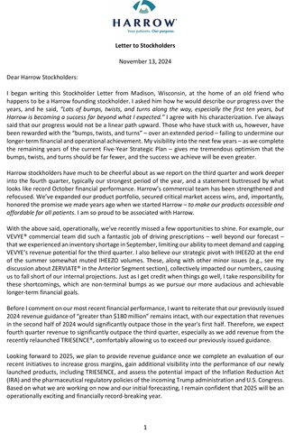 HROW 3Q24 Letter to Stockholders