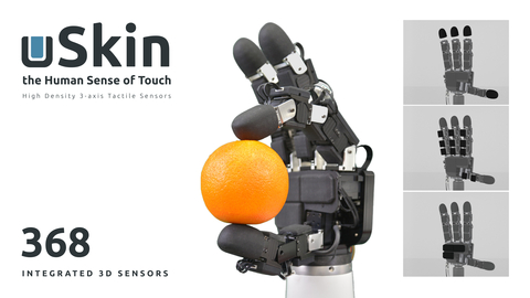 XELA’s uSkin sensor integrated on the Allegro Hand, delivering 3-axis force sensing that empowers robotic platforms with precise, human-like touch — driving new possibilities in automation and robotics. (Graphic: Business Wire)