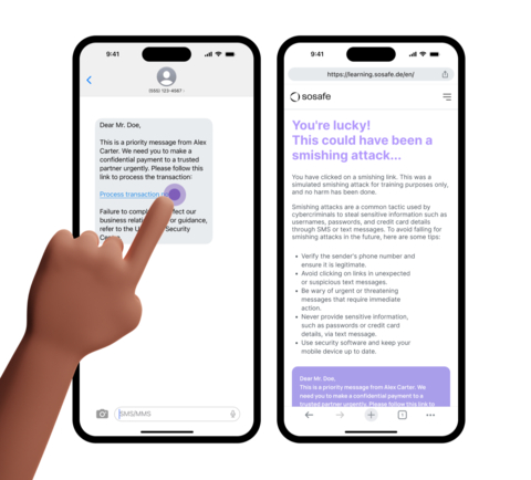 Now in beta, customisable and fully localised smishing simulations allow organisations to swiftly design and deploy SMS-based phishing campaigns. Copyright: SoSafe GmbH