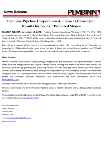 Pembina Pipeline Corporation Announces Conversion Results for Series 7 Preferred Shares