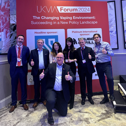 Hangsen's team at the UKVIA Forum 2024, from left to right, Alvaro Pegenaute (Legal Counsel), Paul Kempster, (Senior Sales Manager EU), Cathy Chou  (Account Manager OEM ), John Dunne (Director General, UKVIA), Qiyu Chen (Global Marketing Director),  Enrique Pegenaute (Global Sales Director), Federico Garcia (Senior Marketing Manager EU and Middle East) (Photo: Business Wire)