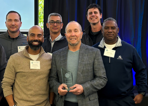 The Villara Corporation team accepts the 2024 Sacramento Inno Award for the AquaThermAire system. Pictured are Josh Wylie, president; Chad Pruett, director of plant operations; Paul Clark, R&D lab supervisor (back row); Rico Bradley, builder relations; Rick Wylie, CEO; and Jack Orejel, vice president of engineering and sales (front row).