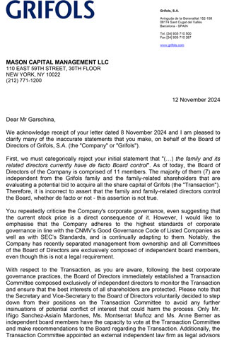 Letter sent by Grifols Board of Directors to Mason Capital Management dated November 12, 2024.