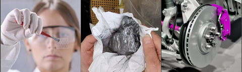 (Left to right) Female scientist exampling sample sheet with hexagon pattern. Middle is a rock of graphite wrapped in a white tissue being held in a man's hand, and lastly on the far right is a picture of an industrial gear/wheel/machinery with Asbury Carbons Purple accents (Photo: Business Wire)