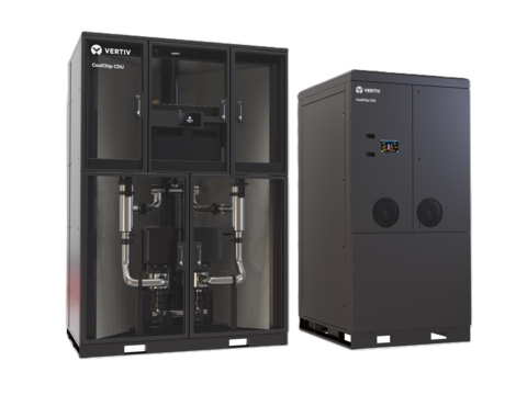 VertivTM CoolChip CDU 2300kW liquid-to-liquid and Vertiv™ CoolChip CDU 350kW liquid-to-air coolant distribution units for AI applications. (Photo: Business Wire)