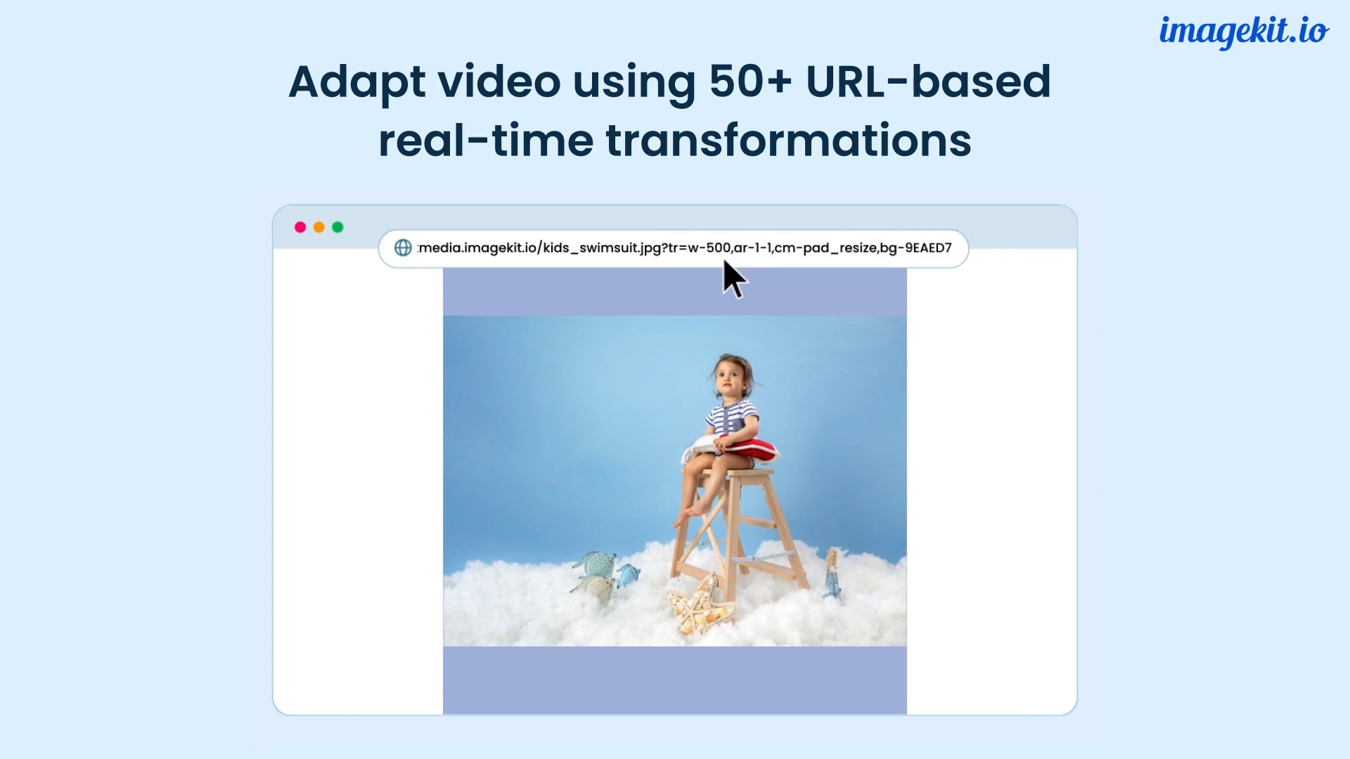 URL-based video transformation to perform operations like resizing, cropping, trimming, etc., while automating optimized video delivery with adaptive bitrate streaming and format conversion.