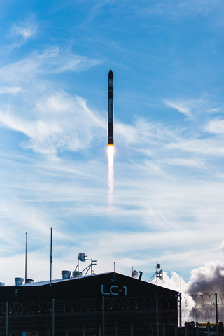 Rocket Lab's Electron rocket lifts off the pad at Launch Complex 1 to deploy satellites to orbit for French constellation operator Kinéis. The launch was the company's second in less than 24 hours. Image credit: Rocket Lab and Rory Gannaway