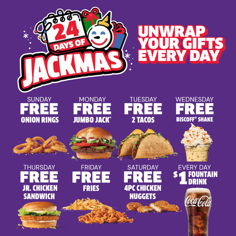 From December 1st through December 24th, unwrap FREE goodies with your order on the Jack App! (Graphic: Business Wire)