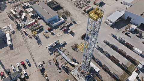 Aerial view of a drilling rig from Nabors Industries where Quaise Energy is installing millimeter wave capabilities. Work at Nevada Gold Mines will require a similar setup to develop deep geothermal energy onsite. (Photo: Quaise Energy, Inc.)