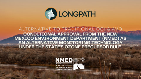 LongPath Technologies, a leader in methane emissions management, today announced conditional approval from the New Mexico Environment Department (NMED) for replacement of the Ozone Precursor Rule Part 50 requirements with alternative methane monitoring technology. This marks a transformative step for operators in New Mexico, offering a scalable, cost-effective solution to meet stringent methane regulations. (Graphic: Business Wire)