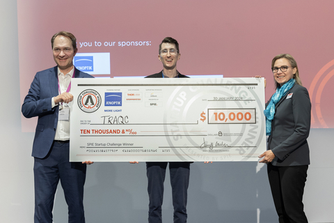 Jenoptik’s Ralf Kuschnereit, TRAQC's Benjamin Dringoli, and 2024 SPIE President Jennifer Barton at the 2024 SPIE Startup Challenge. (Photo: Business Wire)