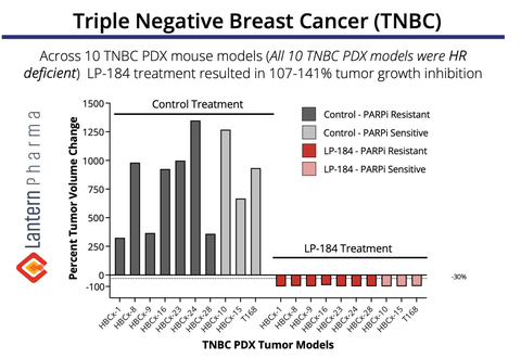 LP-184 demonstrated tumor regression of 107-141% in multiple TNBC PDX models. (Graphic: Business Wire)