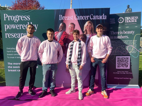 Left to right: Samer Ahmadi, Owen Stys, Sebastien Kingsley, and Adam Connell, Mohawk College advertising students, walk the pink carpet at Queen's Park in support of Breast Cancer Canada. This event celebrates Ontario’s decision to lower the self-referral age for mammograms to 40. (Photo: Business Wire)