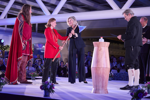 In keeping with the naming tradition, during the ceremony, Ivana Elice, godmother of the Viking Vela, was presented with a historic Viking broad axe by Ann Ziff, the esteemed philanthropist, Chairman of the Metropolitan Opera and godmother of the Viking Saturn. The same axe was previously used in the naming of the Viking Saturn in June 2023. For more information, visit www.viking.com. (Photo: Business Wire)