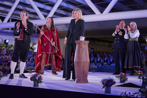 Pictured here, godmother of the Viking Vela, Ivana Elice pressed a button at the naming ceremony that allowed a bottle of Norwegian aquavit to break on the ship’s hull. For more information, visit www.viking.com. (Photo: Business Wire)