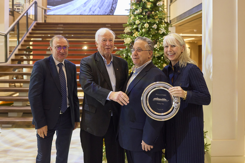 Torstein Hagen, Chairman and CEO of Viking, Karine Hagen, Viking Executive Vice President of Product and Jeff Dash, Viking Executive Vice President, Head of Business Development with Fincantieri’s Luigi Matarazzo, during the delivery ceremony of the Viking Vela. For more information, visit www.viking.com. (Photo: Business Wire)