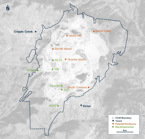 Figure 2. Plan view of the Cripple Creek & Victor Gold Mine showing main ore sources and key infrastructure. (Graphic: Business Wire)