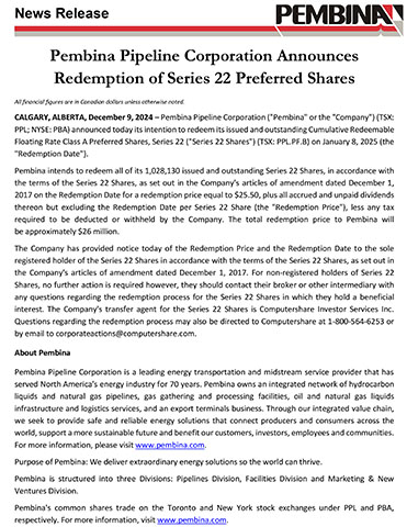 Pembina Pipeline Corporation Announces Redemption of Series 22 Preferred Shares