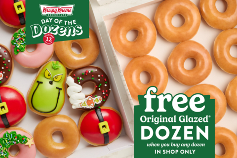 Spread holiday cheer Thursday with Original Glazed® dozens, available for FREE with purchase of any dozen at regular price (Photo: Business Wire)