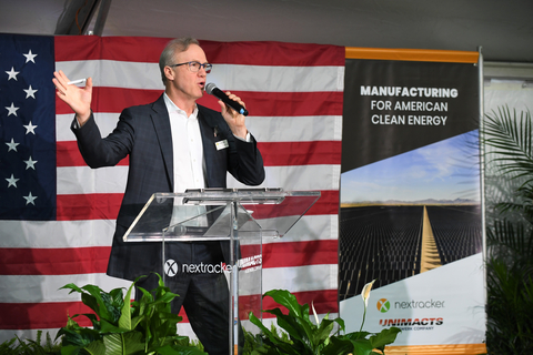 Nextracker Founder and CEO, Dan Shugar speaking at steel manufacturing plant opening. Critical steel components used in Nextracker's solar trackers are fabricated at this Las Vegas Unimacts facility. (Photo: Nextracker)