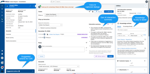 This screenshot of Pega Smart Dispute Enterprise Edition highlights how new Pega GenAI capabilities help the service representative accelerate a credit card transaction dispute. (Photo: Business Wire)