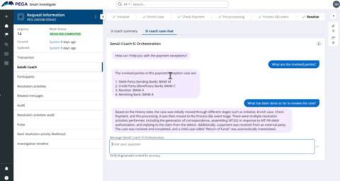 This screenshot of Pega Smart Investigate Enterprise Edition shows how bank employees can leverage Pega GenAI Coach to receive guidance on how to accelerate payment exceptions and investigations. (Graphic: Business Wire)