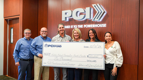 Mobile School Pantry's Founder Zeina Zein-Wolland (second right) and Board of Directors President Joselin Padron-Rasines (right) share lens time with (from left) the PCI team of Dennis R. Garcia, Executive VP & CFO, Ismael Diaz, President & CEO, and Founders Arturo and Susan Echarte. Mobile School Pantry was one of several recipients of grants from PCI. (Photo: Business Wire)