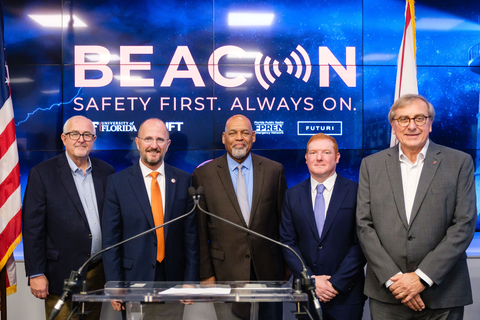 Former FEMA Administrator Craig Fugate, FDEM Executive Director Kevin Guthrie, Dean of UF College of Journalism and Communications Hub Brown, CEO of Futuri Daniel Anstandig, and the President of UF Kent Fuchs. Futuri, Florida’s Division of Emergency Management, and the University of Florida come together to announce the launch of the first-ever AI-driven emergency broadcast system, revolutionizing disaster communications to save lives at the University of Florida College of Journalism and Communications Atlas Lab in Gainesville, FL on Wednesday, December 18, 2024. [Chris Watkins Photography]