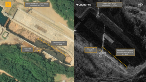 These two images showcase the power of Maxar’s virtual constellation. The Umbra synthetic aperture radar (SAR) image on the right shows a submarine underneath netting at a dry dock in Sinpo, North Korea. The netting is clearly visible in the very high-resolution WorldView Legion satellite image on the left. (Graphic: Maxar)