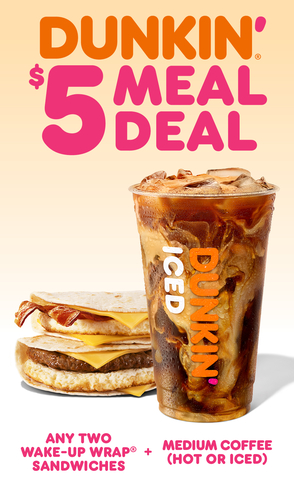 Dunkin’ welcomes 2025 with brand-new breakfast value: the $5 Meal Deal, featuring two savory Wake-Up Wrap sandwiches. Each is made to order with egg, cheese, and a choice of bacon, sausage, turkey sausage, or no meat, alongside a medium hot coffee (14 oz.) or iced coffee (24 oz.). (Graphic: Business Wire)