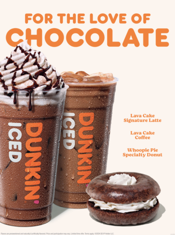 thumbnail Dunkin’ also introduces chocolate-rich coffee and bakery items to its winter lineup, featuring the Lava Cake Signature Latte, Lava Cake Coffee, and Chocolate Whoopie Pie Specialty Donut. (Graphic: Business Wire)