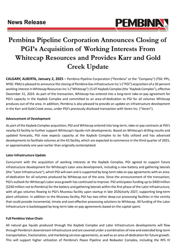 Pembina Pipeline Corporation Announces Closing of PGI’s Acquisition of Working Interests From Whitecap Resources and Provides Karr and Gold Creek Update