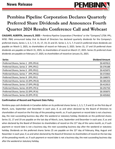 original Pembina Pipeline Corporation Declares Quarterly Preferred Share Dividends and Announces Fourth Quarter 2024 Results Conference Call and Webcast