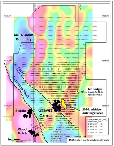 thumbnail Figure 5. Map of the Gravel Creek/Wood Gulch area, showing scale of 2024 Jarbidge drilling area relative to the 2.5 x 4.0 kilometer zone of favorable geology, alteration, structure, geochemical and geophysical anomalies already hosting mineral resources on three different deposits (Doby George, Gravel Creek and Wood Gulch), as more particularly described in the Technical Report (as defined herein). Most of the zone has received limited or no drilling beyond the area of the mineral resource defined in the Technical Report and remains prospective for future discoveries. (Photo: Business Wire)